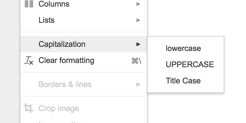 Google Docs - The capitalization options in the ‘Format’ menu are demonstrated in the capitalization names.
/via Eyal Shahar