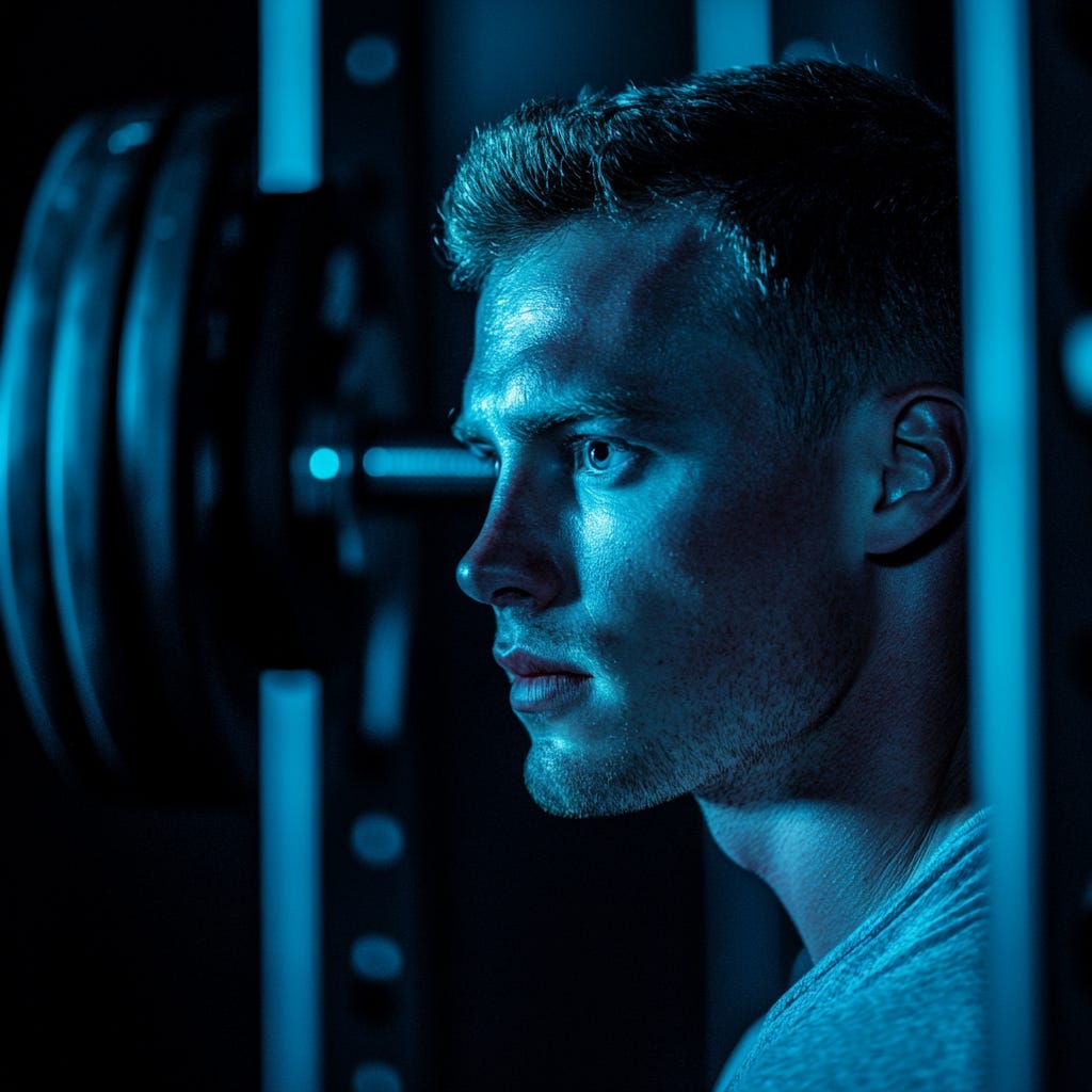 Fit man resting with a loaded barbell in a squat rack and light blue fluorescent lighting.