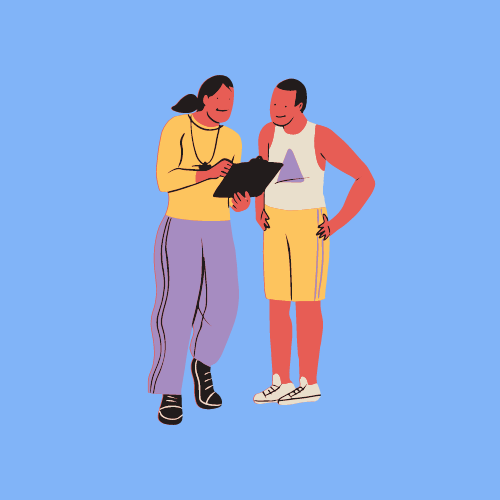 There are two people standing beside each other wearing sports outfits. A person wearing black trainers, and purple trousers holding a clipboard, and another person looking at the clipboard wearing a white tank top, yellow shorts, and white trainers. Graphic by sketchify via Canva