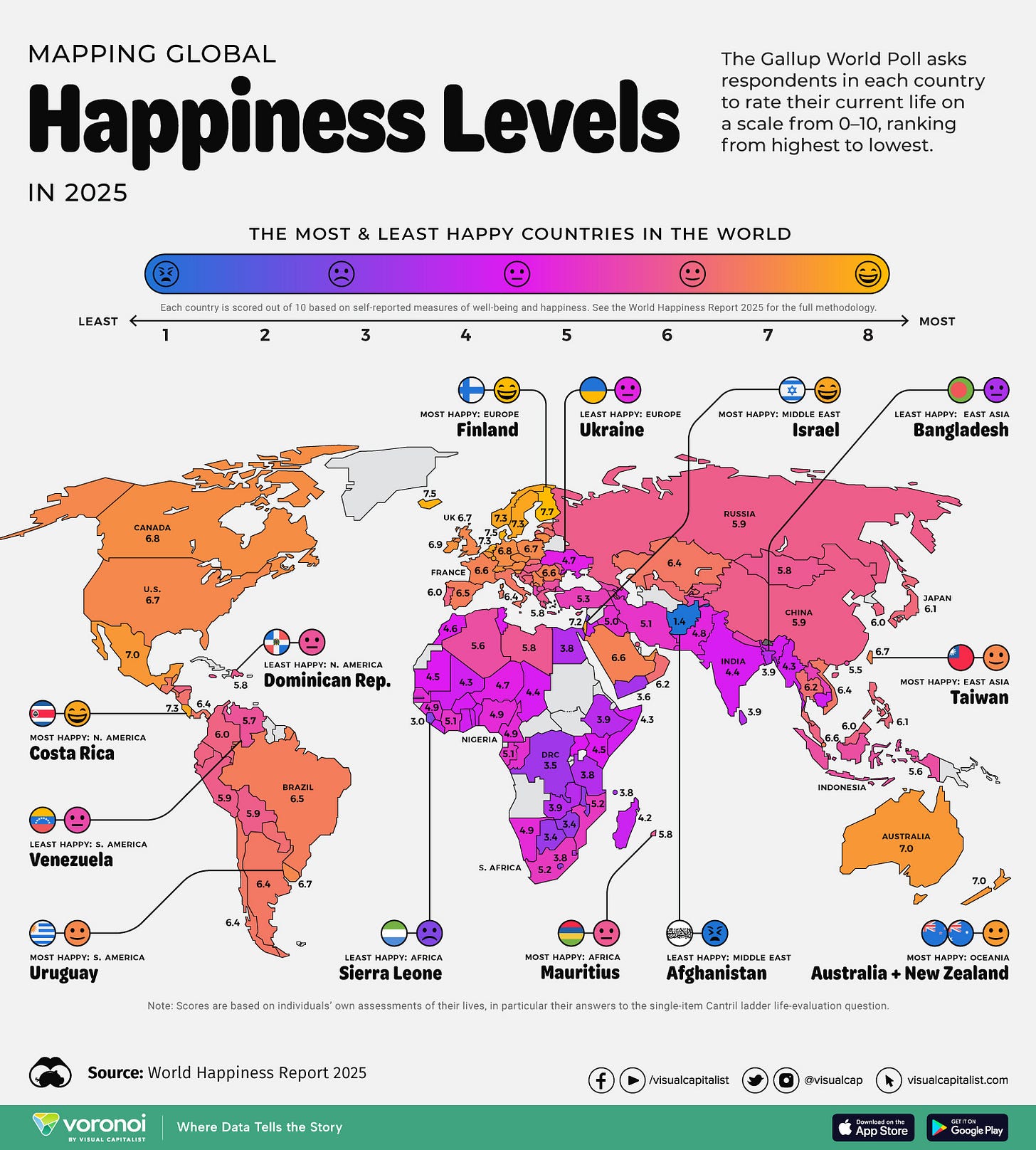 A world map showing happiness scores of various countries from the 2025 World Happiness Report A world map showing happiness scores of various countries from the 2025 World Happiness Report