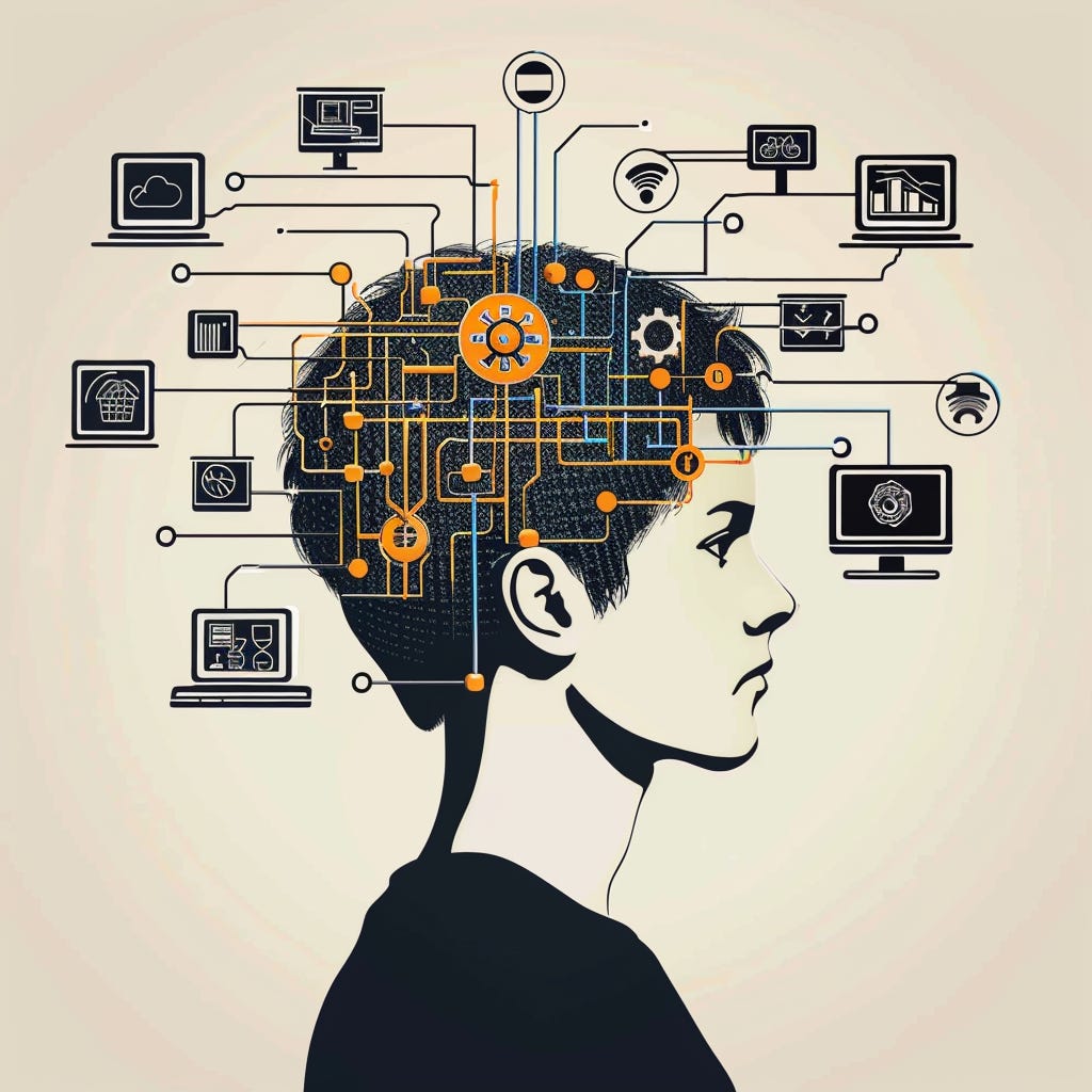 An illustration of a person in profile with a network of systems and interface elements overlaid on the head