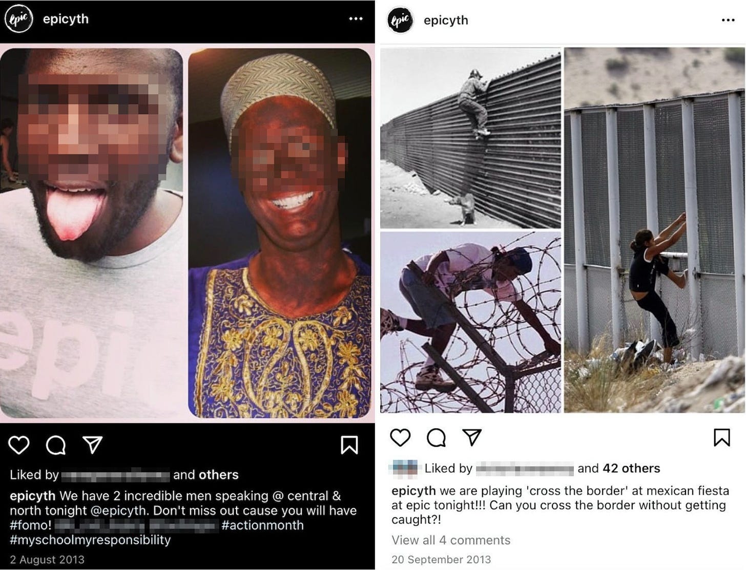 A 2013 Social Media post from Life church featuring a leader in black face, and an ad for a mexican boarder crossing night, showing people trying to cross into America over the border wall
