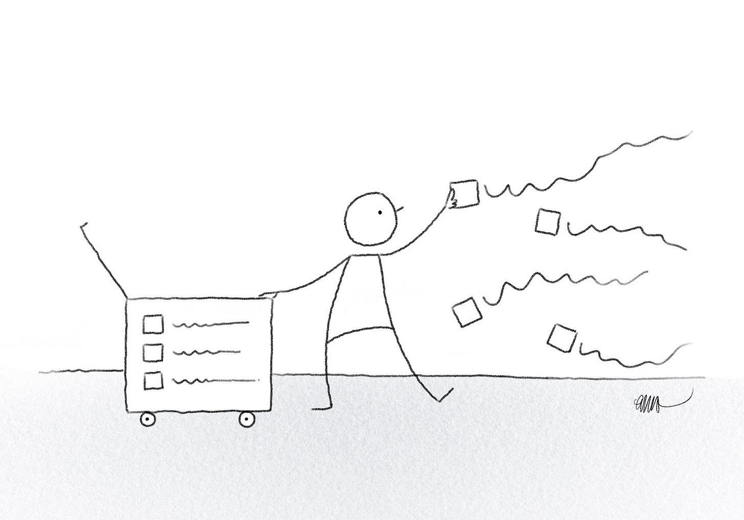 Cartoon line drawing showing a person reaching for tasks, which are represented by small boxes with a trailing wiggly line. The person has a trolley with an open lid next to them, and we can see three tasks neatly aligned inside.