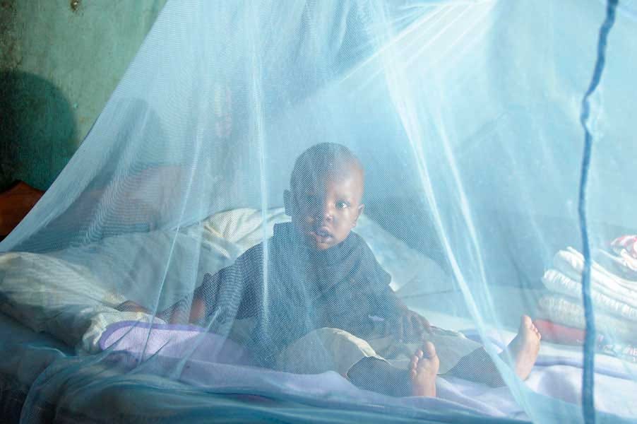 A young child sits looking at the camera on a bed beneath a mosquito net A young child sits looking at the camera on a bed beneath a mosquito net