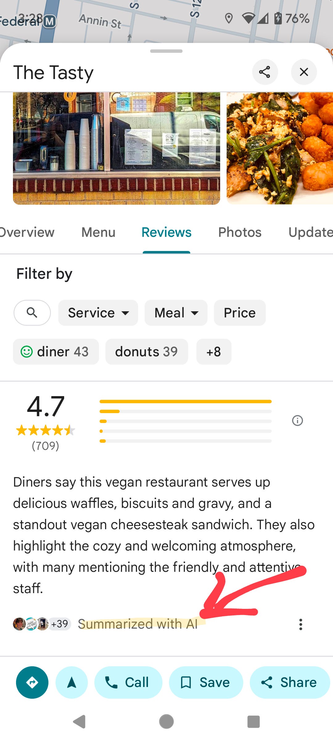 AI generated summary for The Tasty in Philadelphia: "Diners say this vegan restaurant serves up delicious waffles, biscuits and gravy, and standout vegan cheesesteak sandwich. They also highlight the cozy and welcoming atmosphere, with many mentioning the friendly and attentive staff."