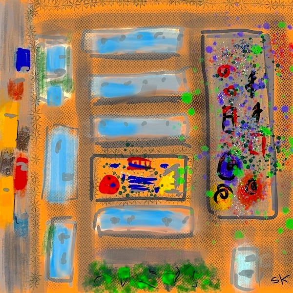 Painting by Sherry Killam Arts diagramming the layout of the school and playgrounds, from an aerial view.