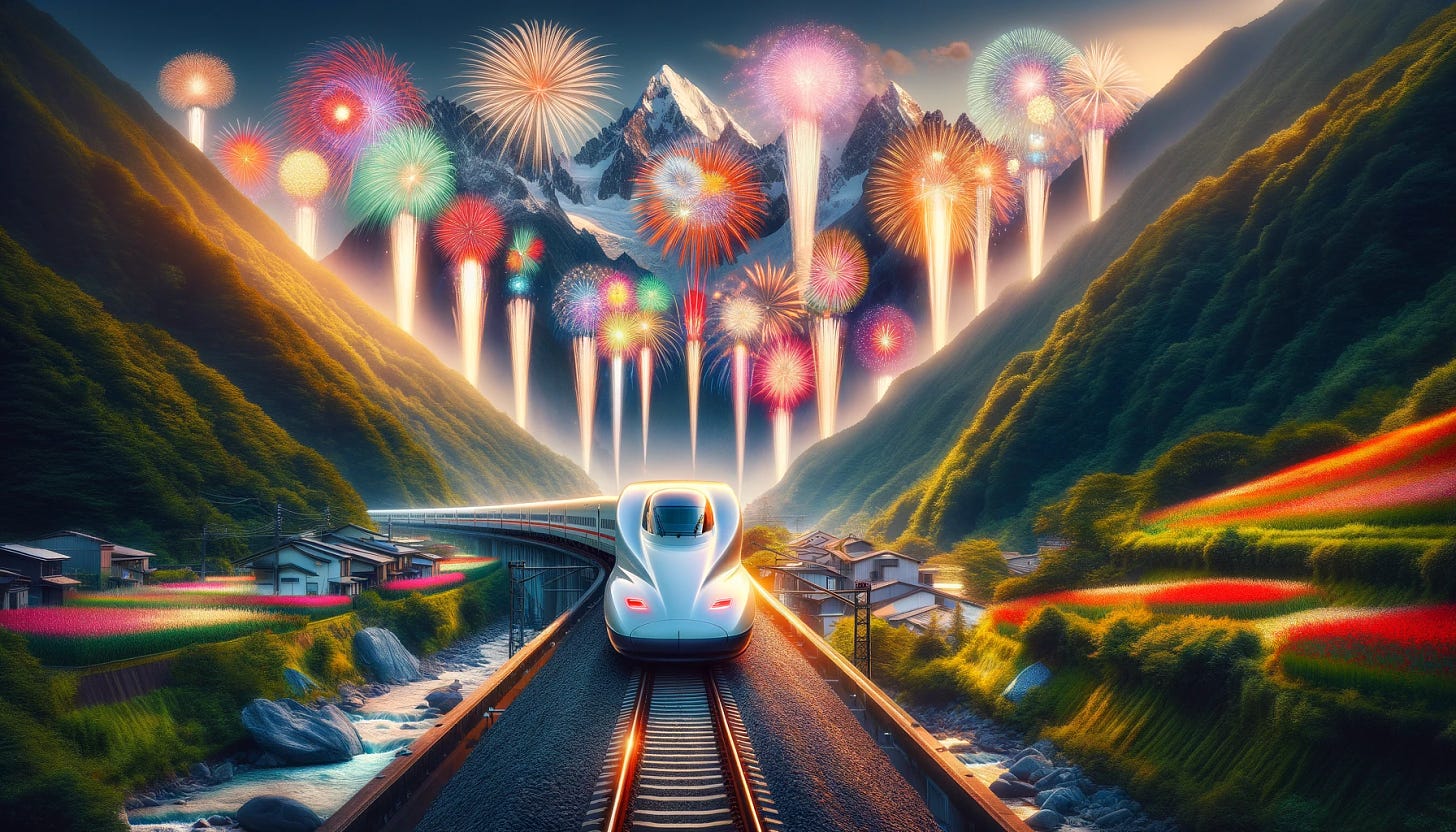 Retain the exact perspective and orientation of the previously enhanced Shinkansen, now adding a magnificent display of fireworks shooting out from both sides of the train. The scene is set in the same mountainous valley, with the train's dramatically enlarged front end charging through the landscape. The fireworks introduce a vibrant and celebratory element to the composition, with colorful bursts and sparkles illuminating the scene. This festive addition creates a contrast between the technological marvel of the Shinkansen and the timeless beauty of fireworks, enriching the atmosphere without altering the original composition or perspective of the train's journey through the valley.
