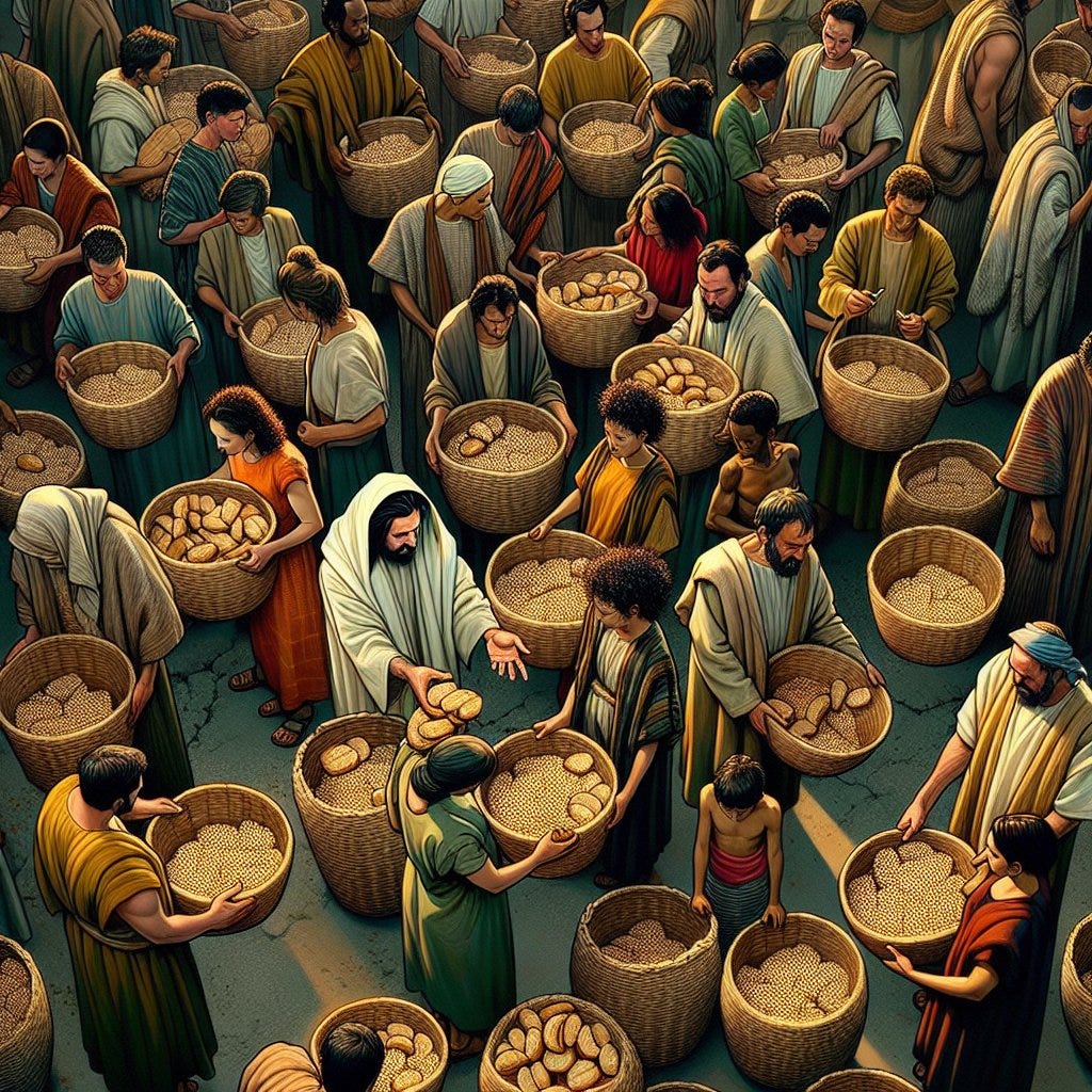 John 6:13 - "Therefore they gathered them together, and filled twelve baskets with the fragments of the five barley loaves, which remained over and above unto them that had eaten."