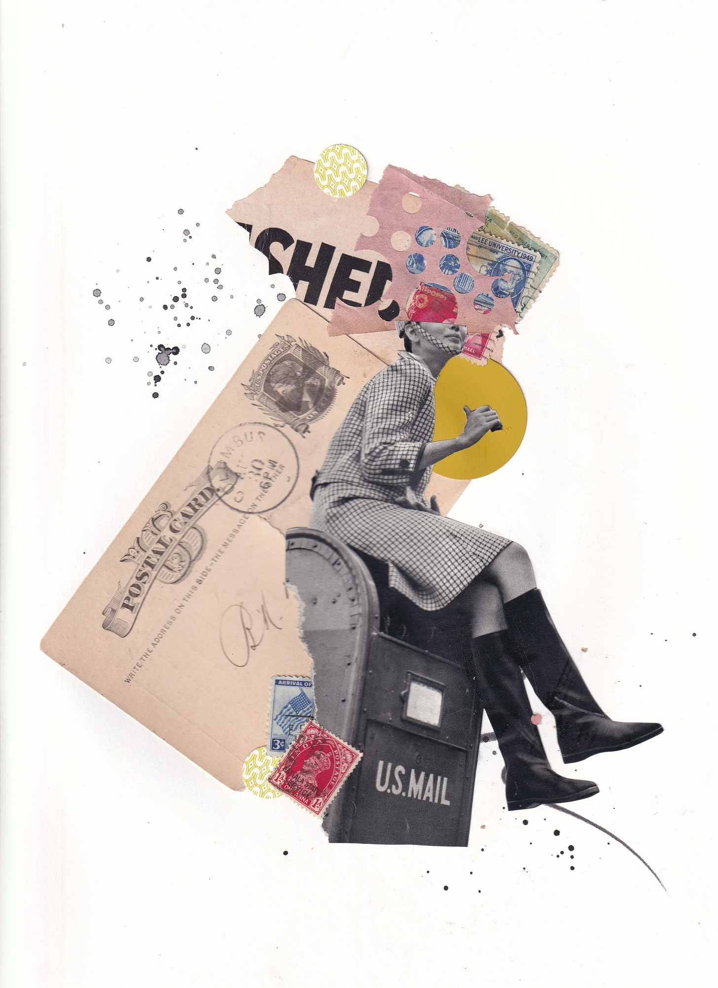 analog collage featuring a vintage postcard, a black and white image of a woman sitting on a mailbox, assorted colorful papers and vintage stamps, plus ink splatter