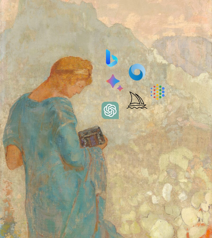 Painting of Pandora gazing at the open box, spilling out are the logos for Chat-GPT, Google Bard, Midjourney, Microsoft's Bing, Deepmind, Google AI