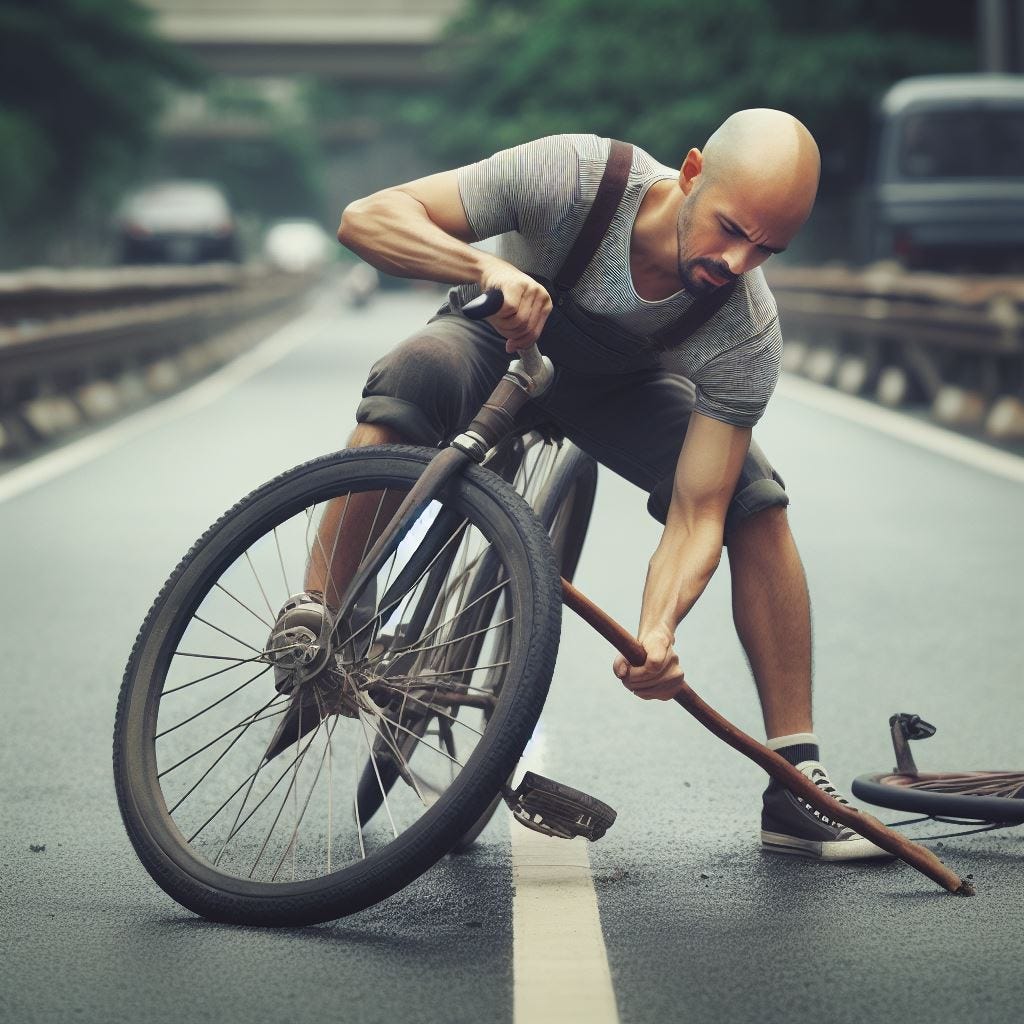 Un hombre en bicicleta introduciendo un palo de madera en la llanta delantera.