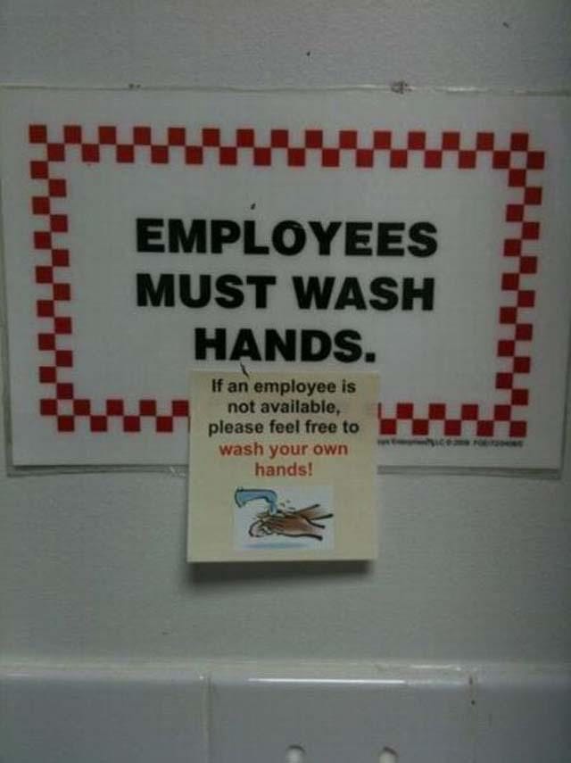 May be an image of text that says 'EMPLOYEES MUST WASH HANDS. washyourown your wash hands! 7'