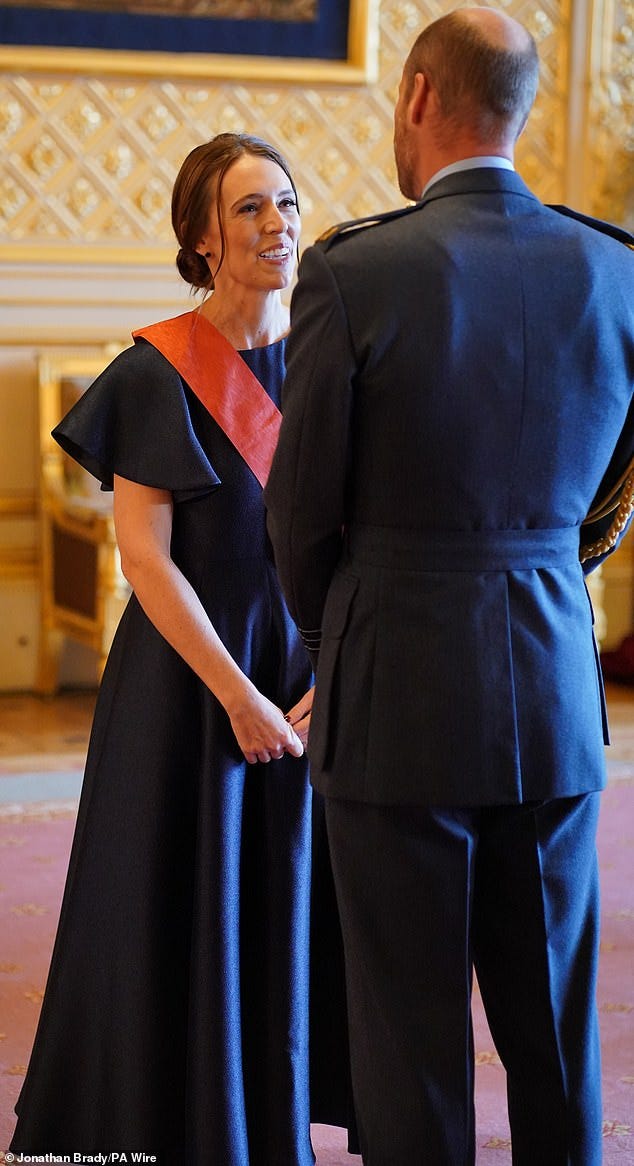 Jacinda Ardern (pictured, left) was one of 57 people who were recognised at the investiture ceremony today