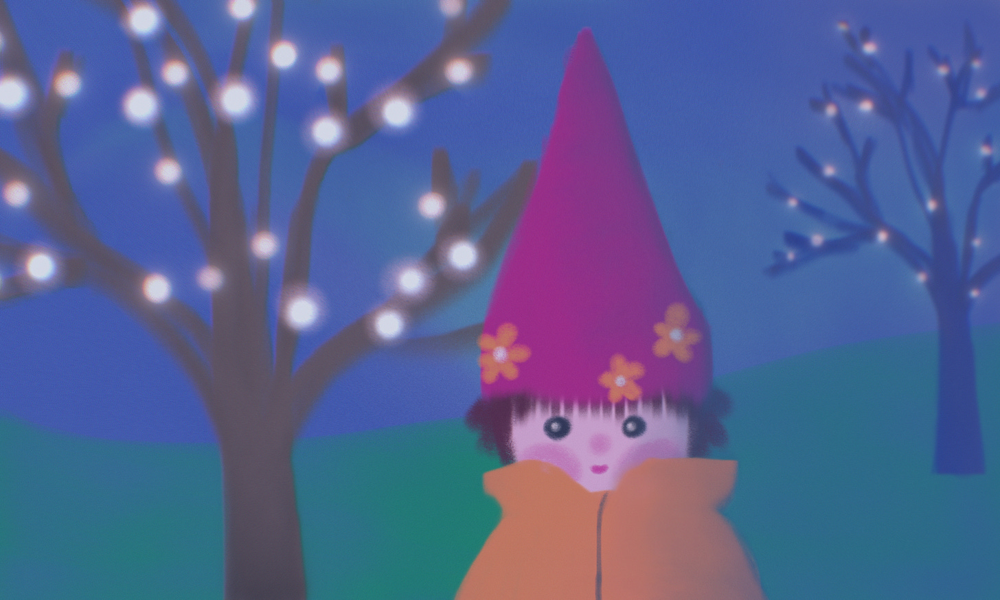 Illustration of an outdoor nighttime scene. A small child in a yellow coat and red gnome cap is smiling at a lighted, bare-branched tree. A similar tree is visible in the background. 