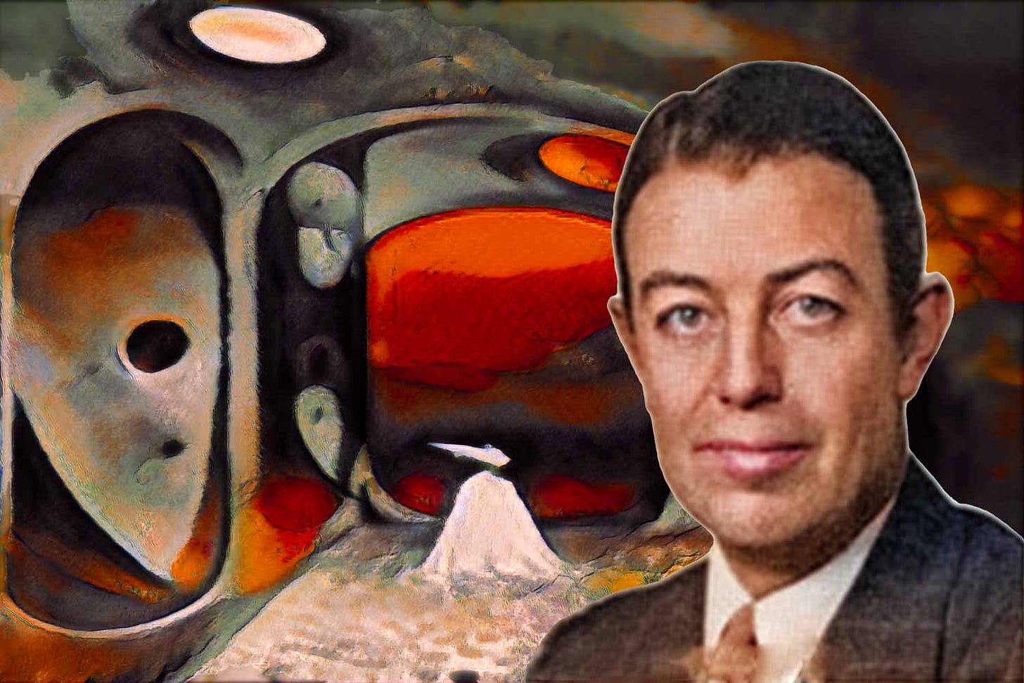 Illustration with portrait of Benjamin Lee Whorf in front of a fantastic landscape of metallic doors and tunnels