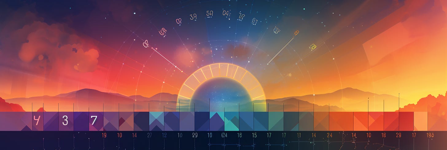 A vibrant digital panorama featuring a gradient sky from sunrise to sunset, with overlaid astrological symbols and a semi-circular grid, above a segmented patterned foreground representing a calendar with numerical values.