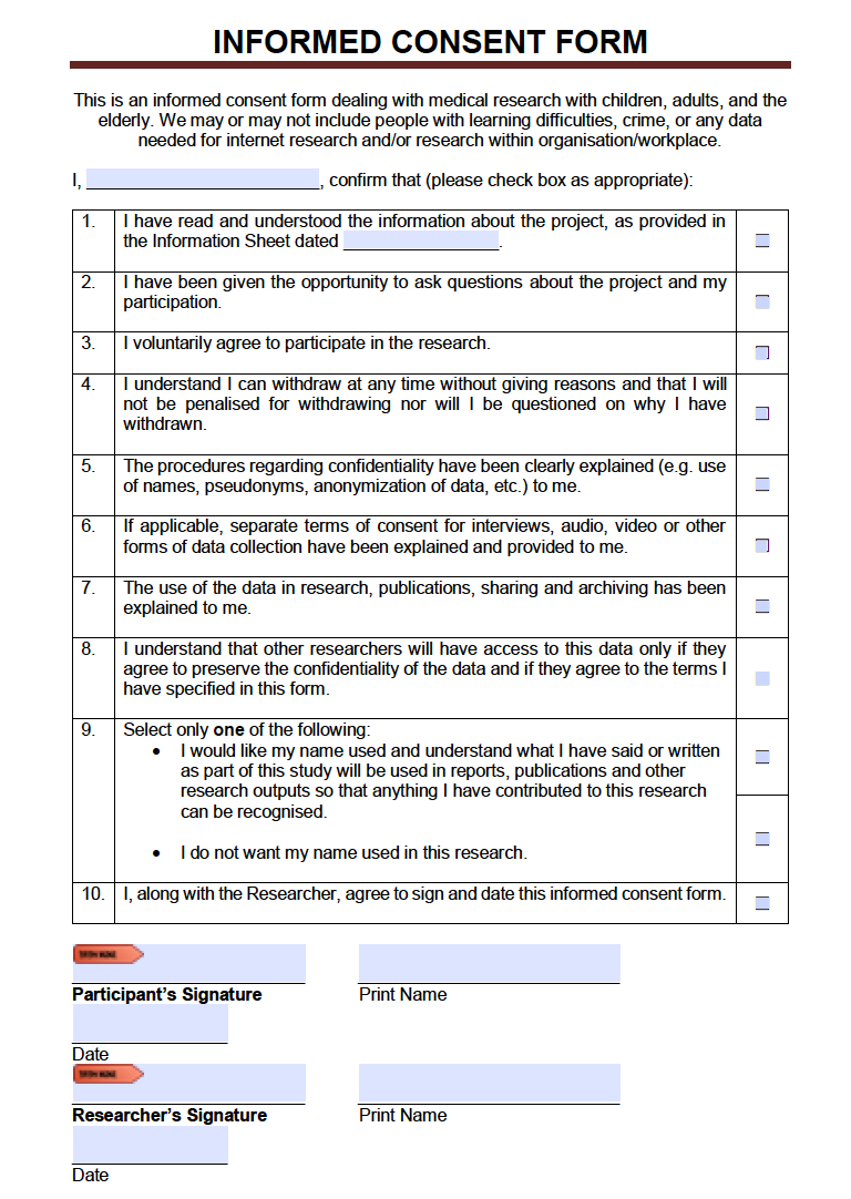 An informed consent form for participating in medical research. This checklist confirms whether participants have been informed of all the necessary information and voluntarily consent to participate in the study. There is a signature space at the bottom.