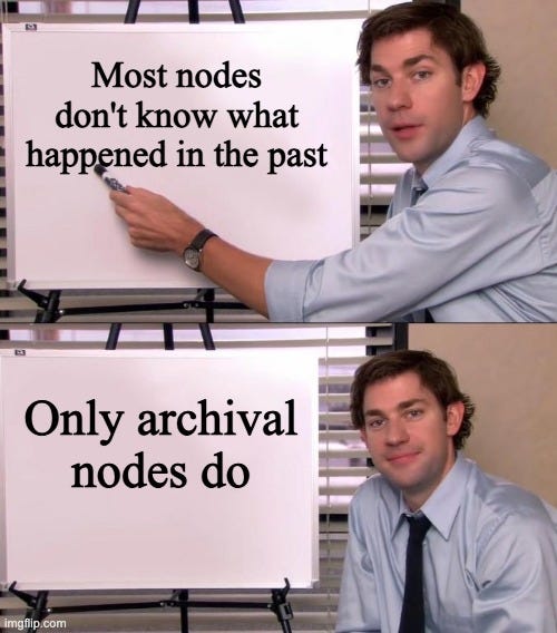 Jim Halpert Explains | Most nodes don't know what happened in the past; Only archival nodes do | image tagged in jim halpert explains | made w/ Imgflip meme maker