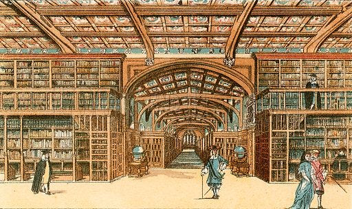 The Bodleian Library, Oxford. Illustration from With the King at Oxford by Alfred Church (Seeley, 1886).