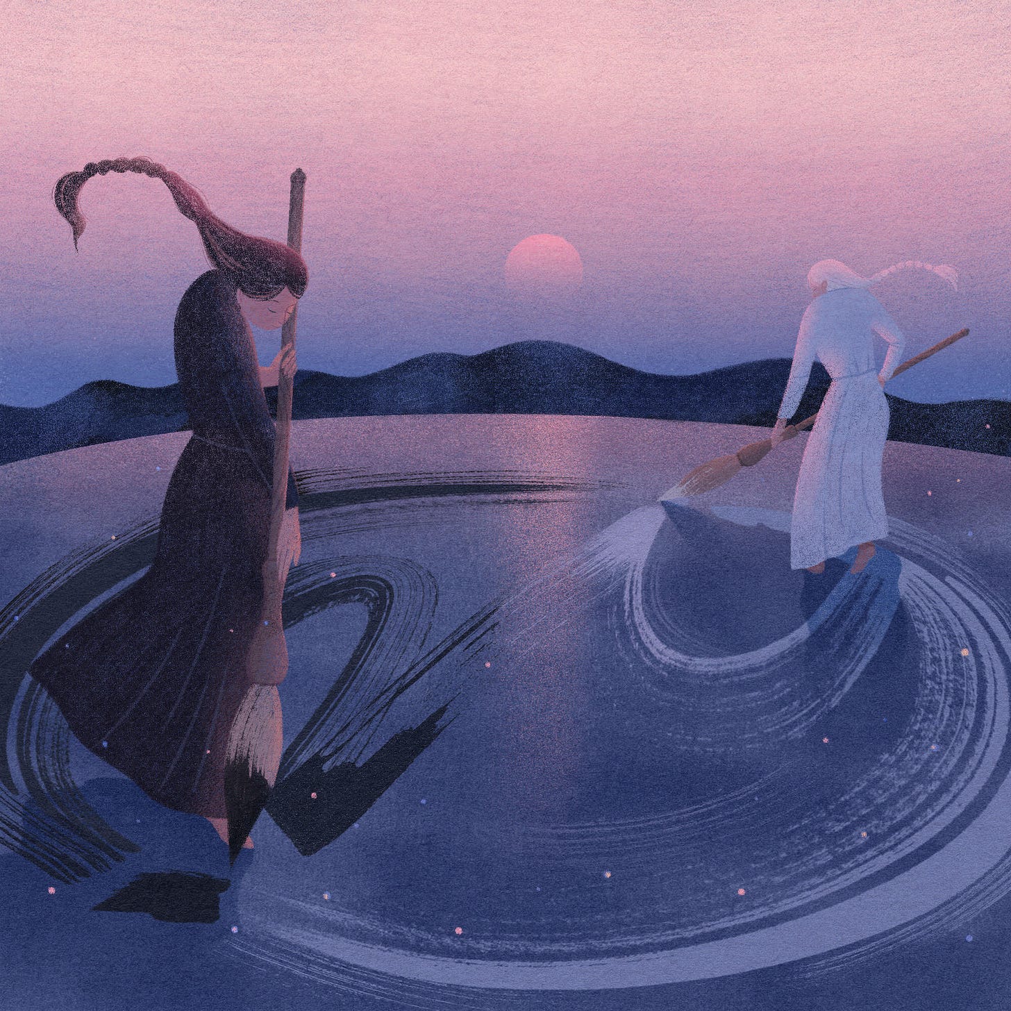 Two figures, with long robes and plaited hair, carry large calligraphy brushes and appear to walk in a circle, leaving behind them a trail of paint. Behind them are mountains and a rising sun.