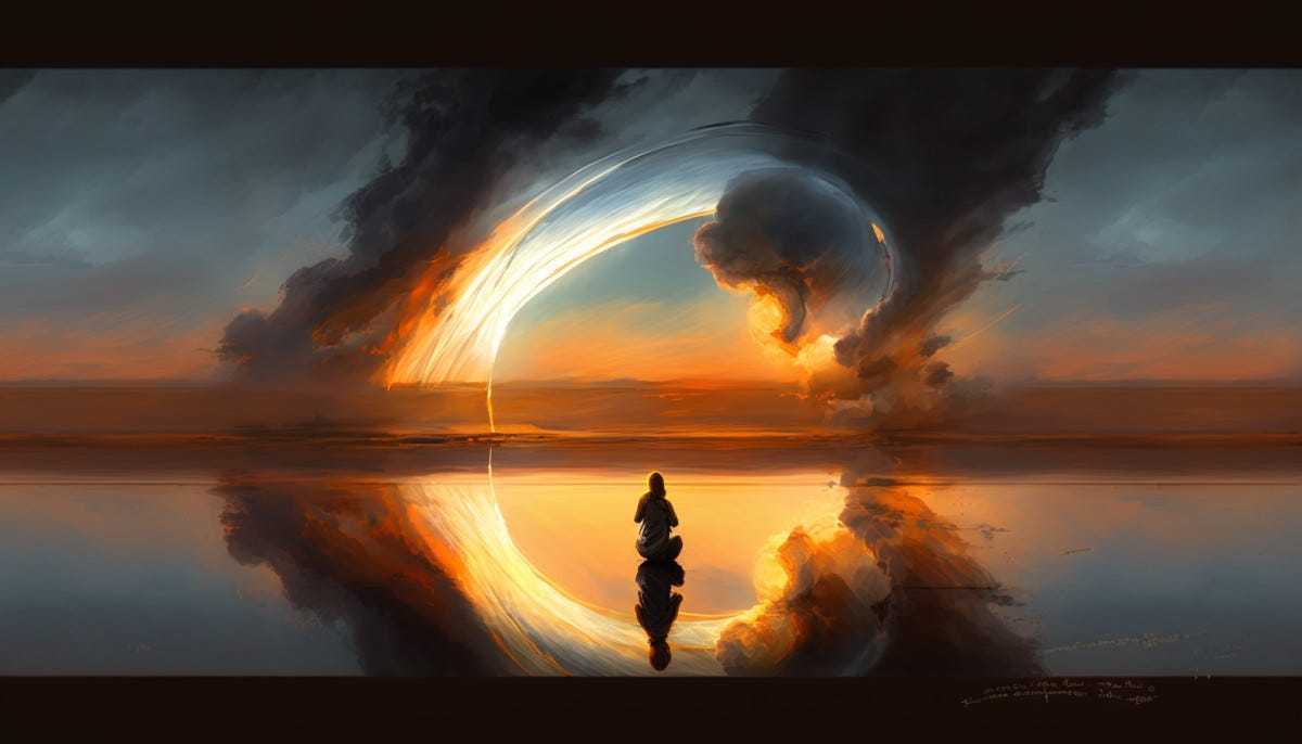 "Ceci n'est pas une joie autistitique," original digital illustration by the author. Fantasy illustration, dark moody background, bright illuminated halo in the center. A human sits in the center in lotus pose, relfected in a serene pond at dawn or dusk.