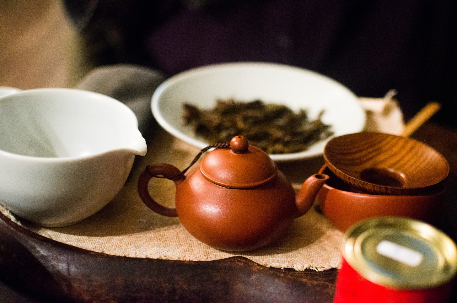 ID: Clay teapot and brewing accompaniments at Wistaria tea house