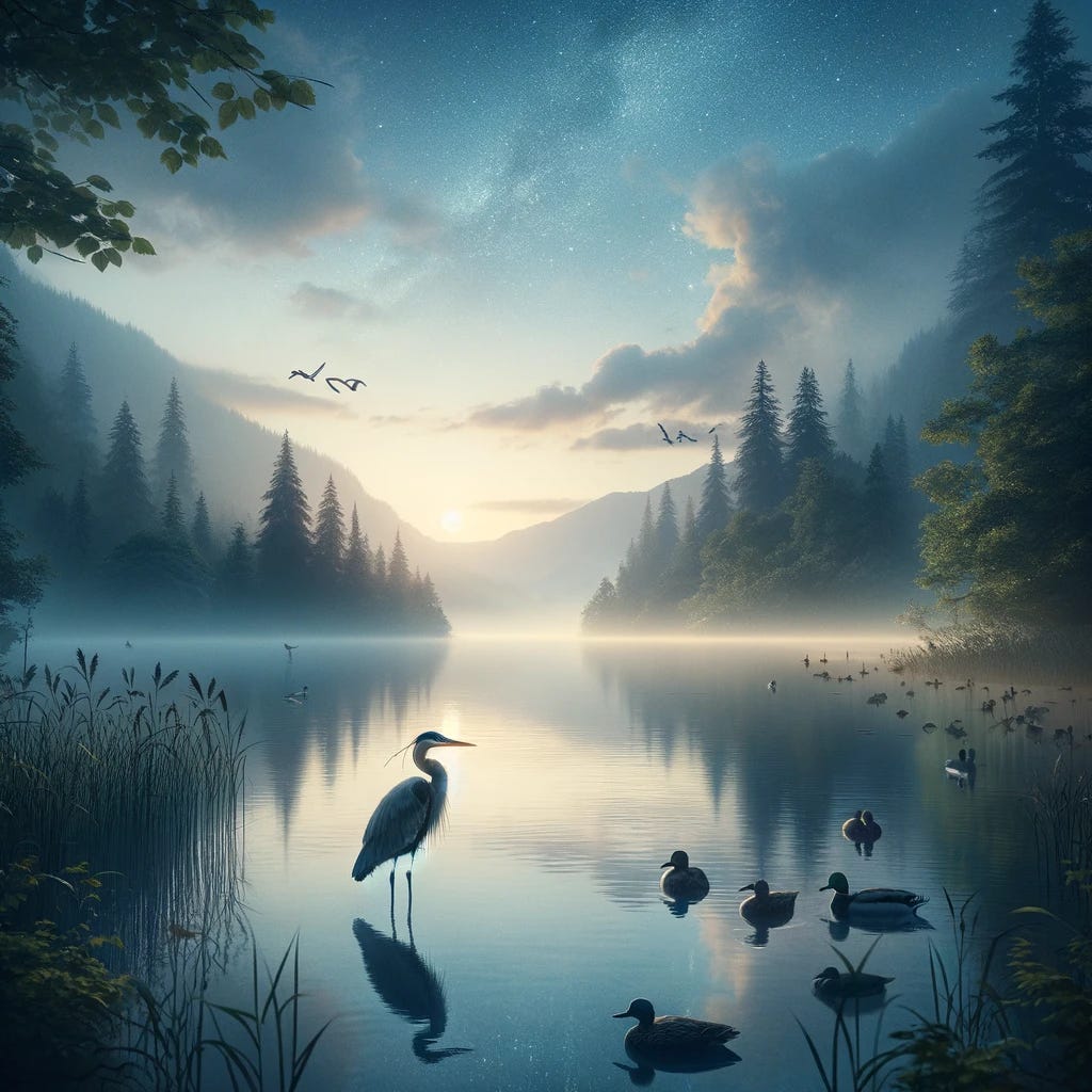 Create a serene and evocative cover image for an article about finding peace in the natural world, inspired by Wendell Berry's poem 'La Paz De Las Cosas Salvajes'. Visualize a tranquil scene that embodies the essence of the poem: a quiet lake at dawn or dusk, with a lone heron standing in the water, and ducks resting nearby. The calm water reflects the beauty of the surrounding nature and the sky above, dotted with stars beginning to shine. This scene should capture the moment of connection with the natural world where one can find true peace and freedom from life's worries.