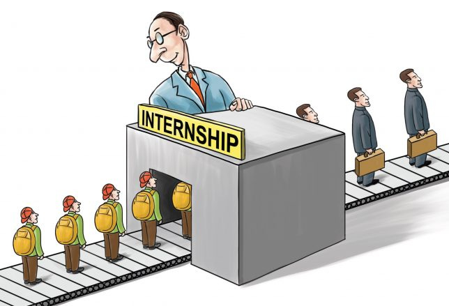 An illustration of a line of people wearing bags in front of an building labeled as ‘internship’, and dressed up in suits and luggage on the other side.