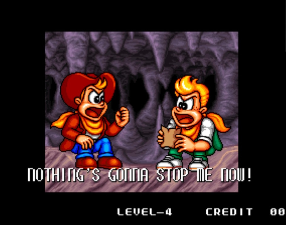 A screenshot from a cutscene in Spinmasters, with Johnny on the right holding a map, and his cowboy pal Tom on the left. Johnny is saying, "Nothing's gonna stop me now!" while the two check out the map inside of a cave.