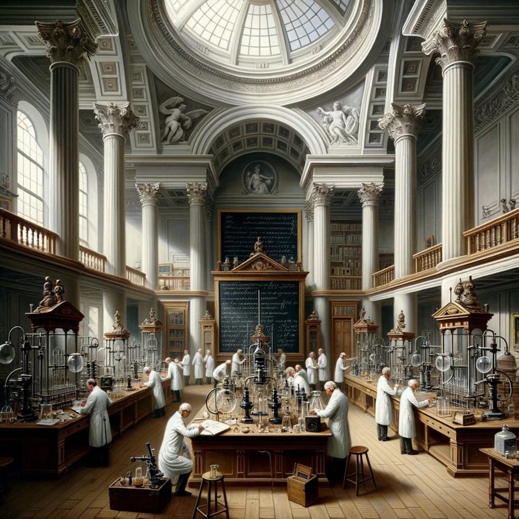 Neoclassical painting: An ornate laboratory with high ceilings and classical columns. In the heart of the room, a group of inspectors in white coats meticulously studies various scientific tools. The wooden tables are adorned with equipment, from microscopes to test tubes in elaborate holders. A chalkboard displaying advanced formulas stands prominently in the back. The color scheme is subdued, focusing on neutrals and earthy tones. A significant window or skylight offers a striking light source, emphasizing the inspectors and the tools under their scrutiny. The emotional undertone is a profound commitment to scientific precision and progress.
