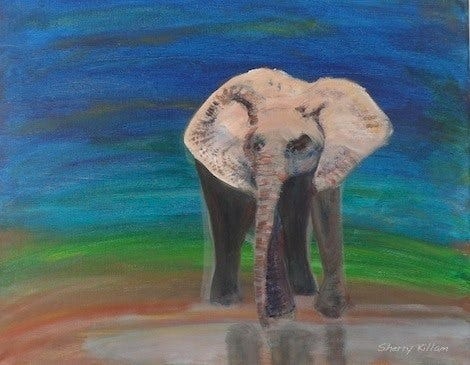 Painting by Sherry Killam Arts of a realistic elephant at a water hole, against a background of colors from browns, greens and blues.