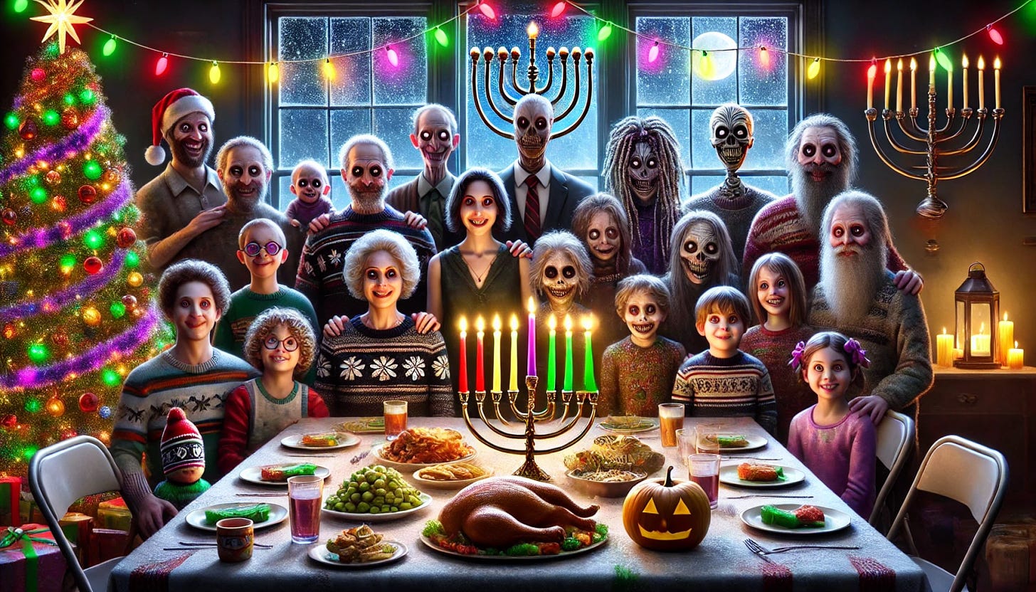 A large family celebrating a twisted, strange, and eerie winter holiday that blends elements of Christmas, Hanukkah, and Kwanzaa. The family members have uncanny smiles and wide, unsettling eyes. The scene is dimly lit with a mix of flickering Christmas string lights, Menorah candles, and colorful Kwanzaa-style decorations. The table is filled with bizarrely shaped holiday foods in unnatural colors. Strange holiday symbols, like a fusion of a Christmas tree with a menorah and a kinara, dominate the background. Snow lightly falls outside a foggy window, and shadows seem to shift unnaturally in the dim room. The mood is festive but deeply unsettling.