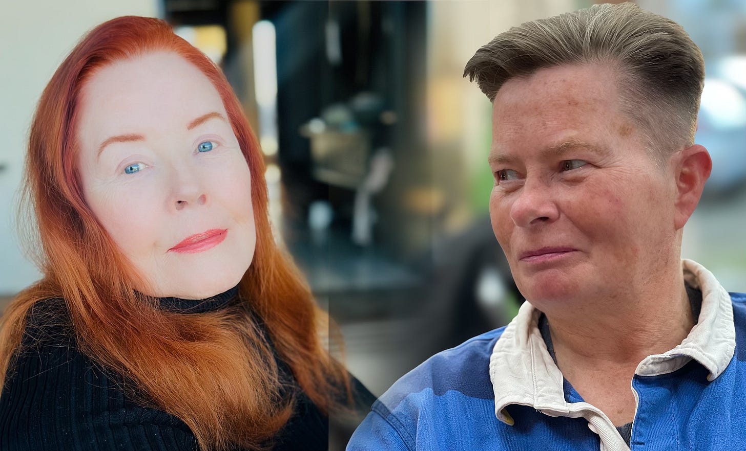Collage image showing Gloria Horton-Young on the left with long red hair, looking composed and direct; Jay Siegmann on the right with short hair, offering a thoughtful expression. The background is softly blurred, highlighting the connection between the two. Collage image showing Gloria Horton-Young on the left with long red hair, looking composed and direct; Jay Siegmann on the right with short hair, offering a thoughtful expression. The background is softly blurred, highlighting the connection between the two.