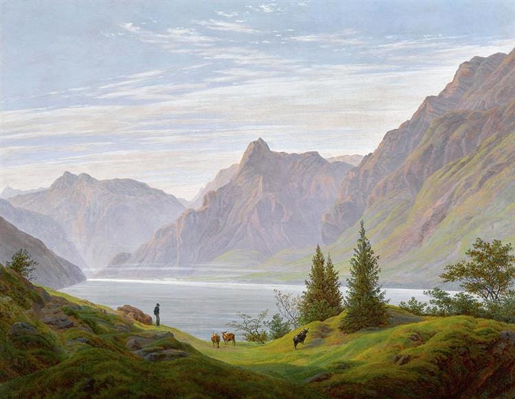 Landscape with Mountain Lake Morning - Caspar David Friedrich