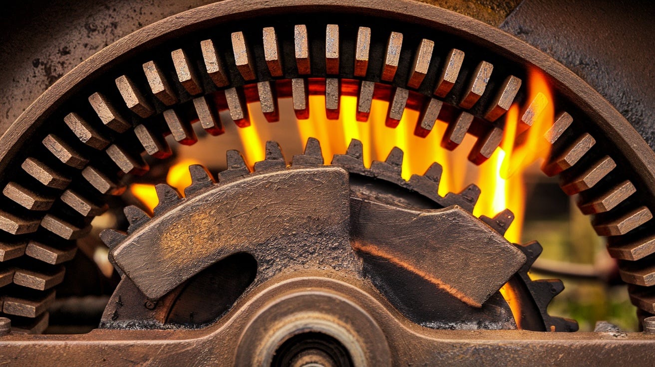 A photo of a semicircular gear mechanism with a sawtooth ratchet. The gears are rusty, showing signs of wear and age. The ratchet mechanism itself is red-hot, glowing with a bright orange and yellow flame. The background is out of focus. Generated by Ideogram.