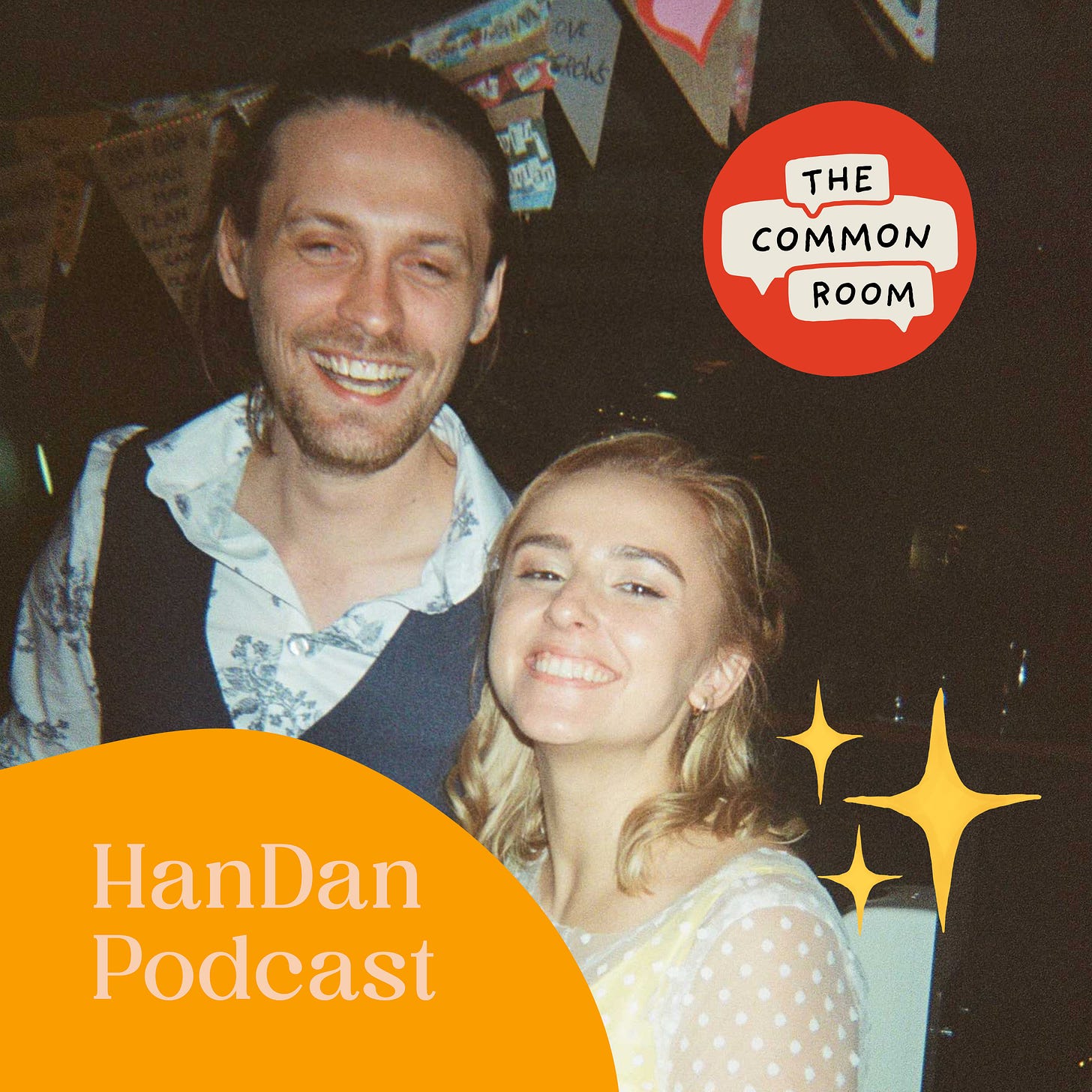 A photo of Hannah and Dan dancing at their wedding party. There's a sparkle emoji on top and text reading "HanDan Podcast"