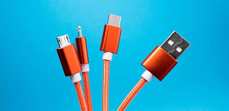 Photo of different data and audio cables for electronic devices.