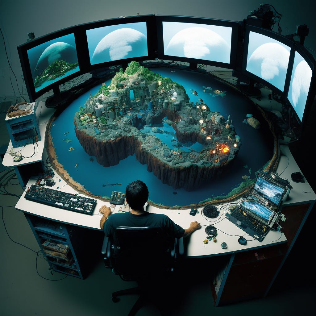 Man sitting at desk with Island in the middle, surrounded by monitors and various equipment