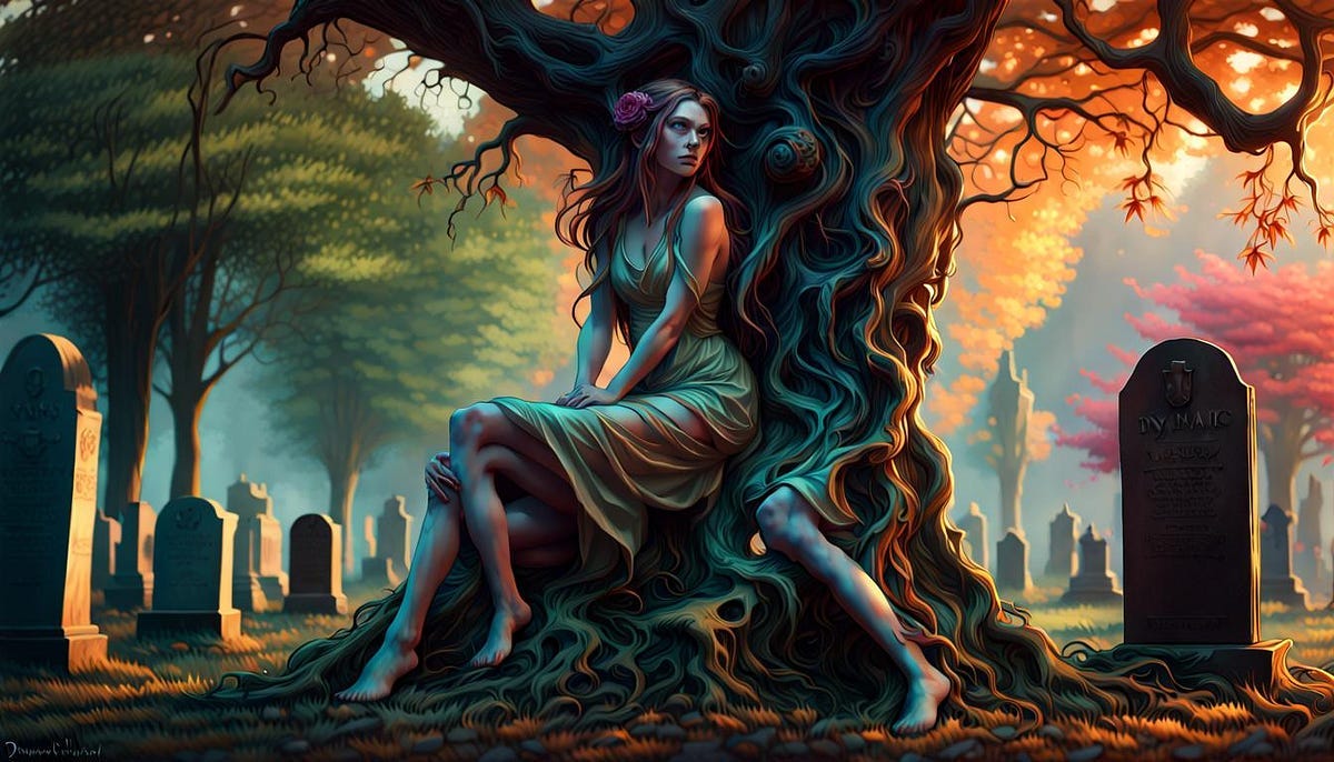 A nymph , leaning on a tree, in a graveyard