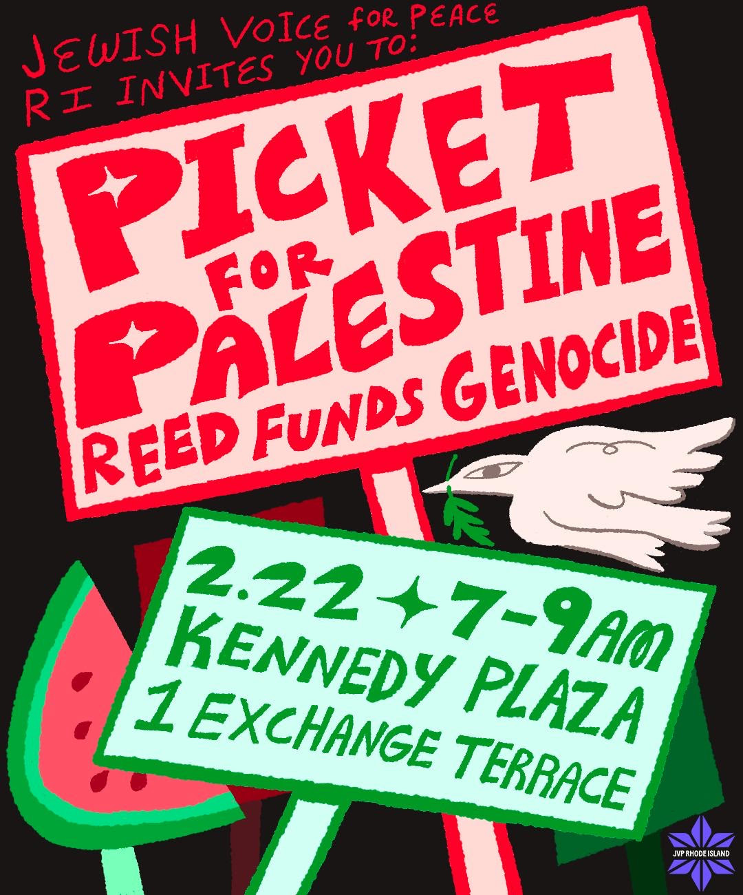illustration of protests signs; test: Jewish Voice for Peace RI Invites you to: Picket for Palestine, Reed Funds Genocide