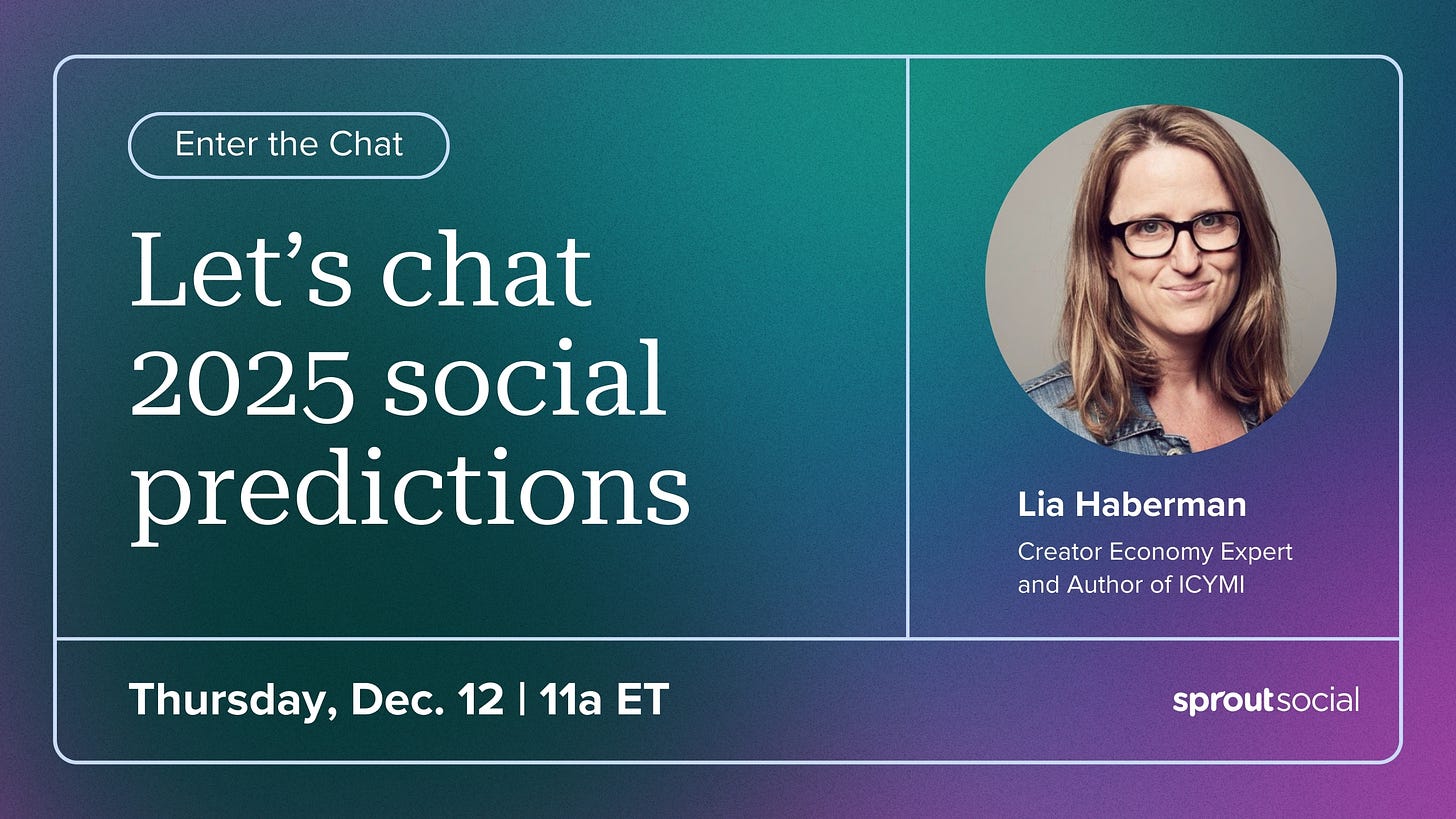 Sprout Social graphic that invites people to Enter the Chat: Let's chat 2025 social predictions on Thursday, December 12 at 11am ET