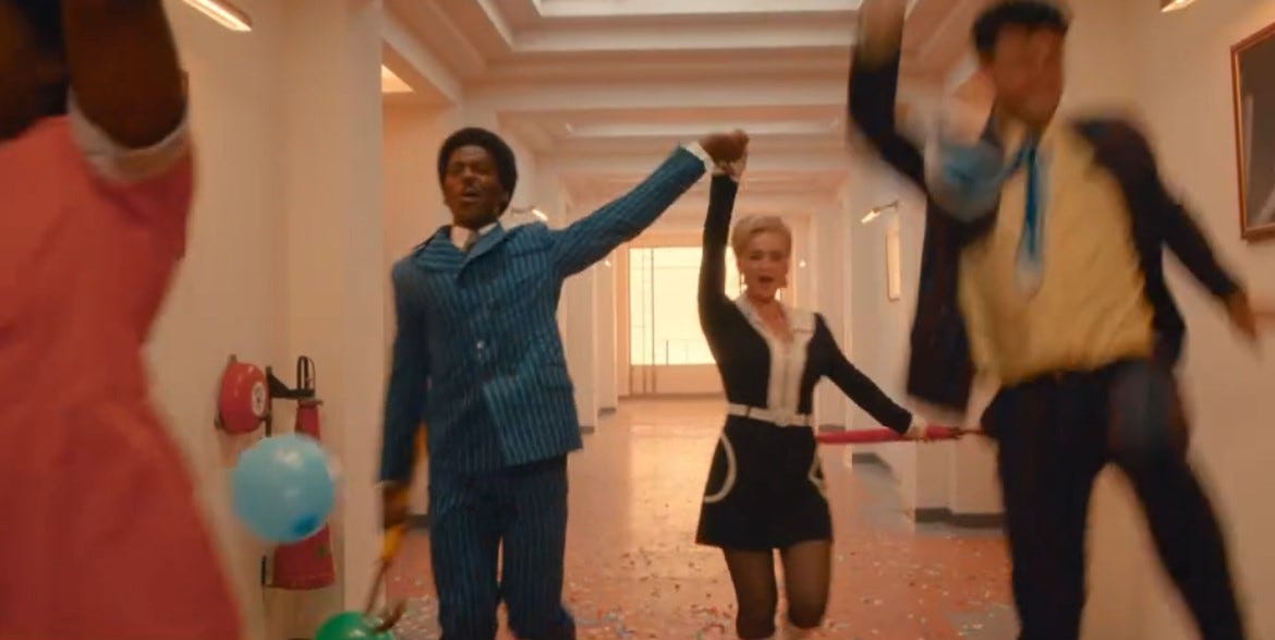 The Doctor (Ncuti Gatwa) and Ruby (Millie Gibson) dancing down a corridor in Dr. Who and the Devil's Chord on BBC1