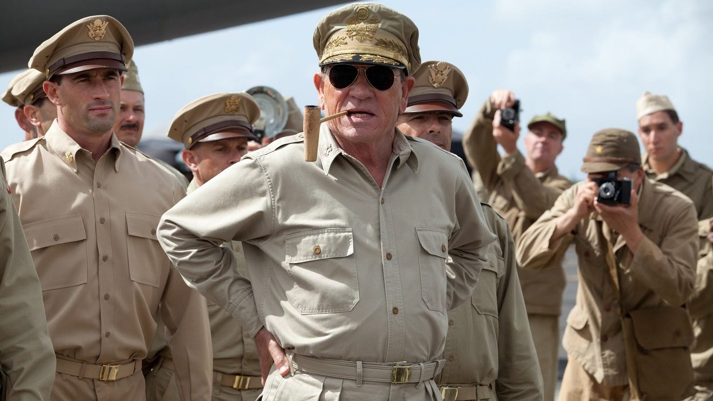 Tommy Lee Jones as General Douglas MacArthur in Peter Webber's 2012 film Emperor.