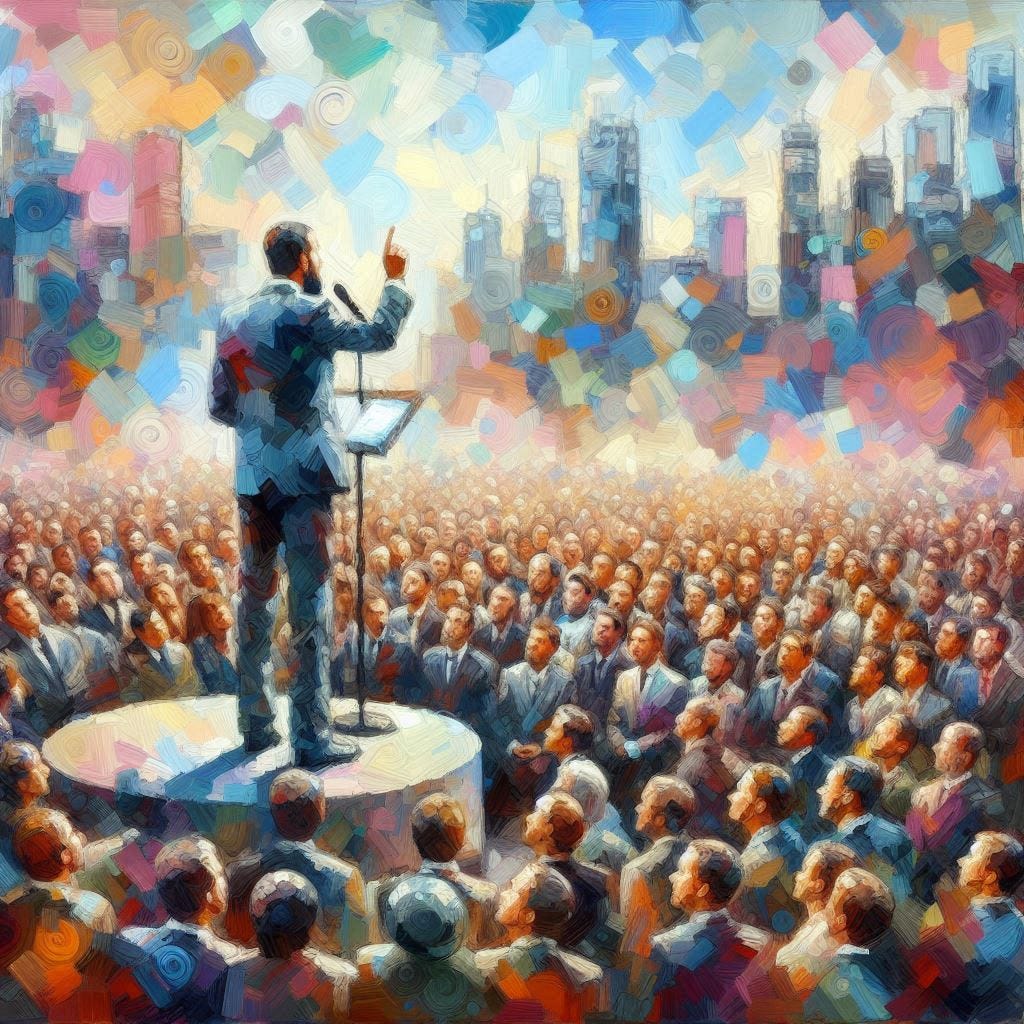 abstract impressionistic painting of a man addressing a crowd in a multitude of colors with modern people