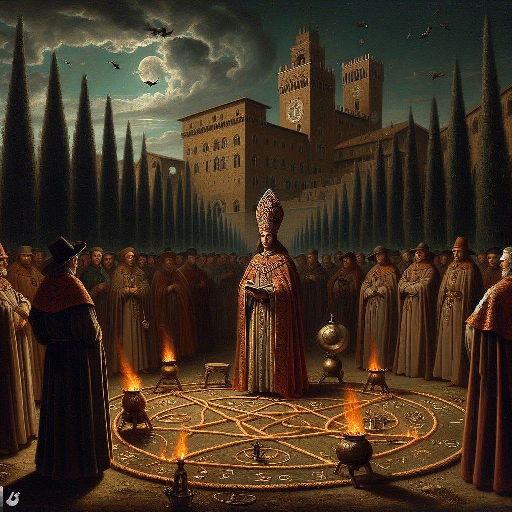 show me a wide shot Renaissance painting of florentine Renaissance men and grand duke francesco I de’ Medici outside in a Renaissance garden at night in the orti oricellari with many cypress trees and a palace in the background watching a necromancer magician wearing a miter hat with pentagrams and astrological symbols on it standing in a circle of rope on the ground conjuring demons. there are braziers of coal and tar and a metal bell on the ground too