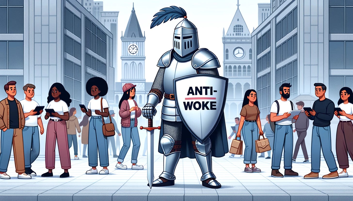 Illustration of a knight in traditional medieval armor with a clear 'Anti-Woke' label, standing defensively in the middle of a modern city square. His shield is raised, and he correctly holds a sword by the handle, ready for any perceived threat. Diverse characters of different genders and descents are around him, engaging in regular activities, but the knight seems to view them all with caution.