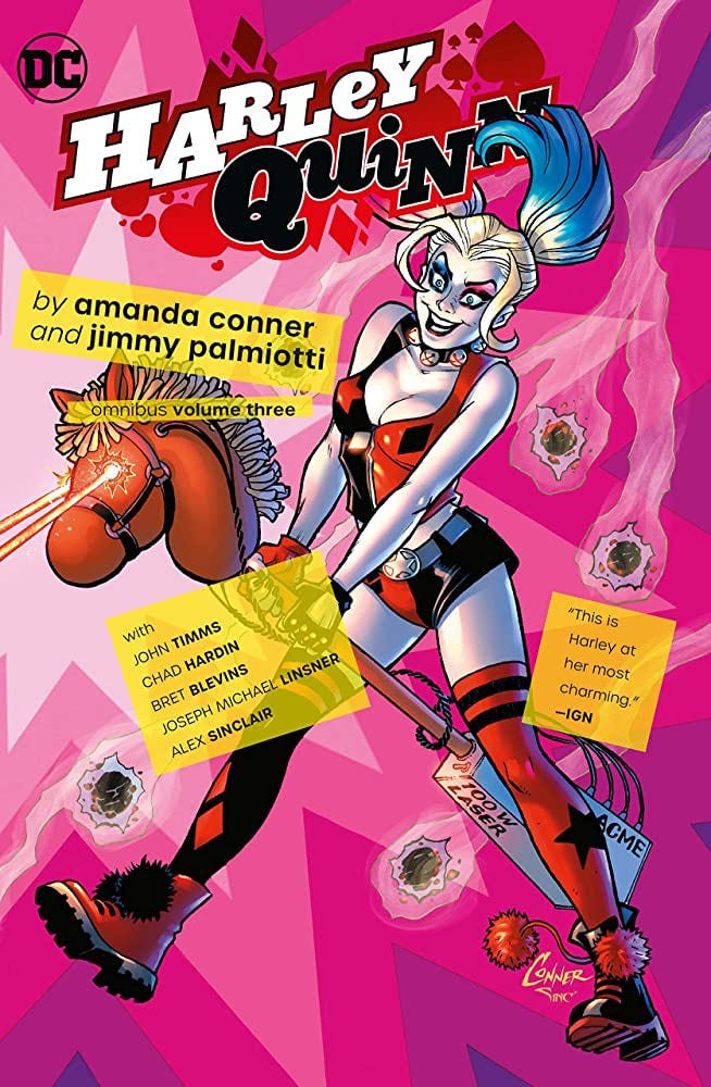 Cover of Harley Quinn by Amanda Conner and Jimmy Palmiotti Omnibus Volume 3. Harley is riding a toy horse that has lasers coming out of its eyes. 