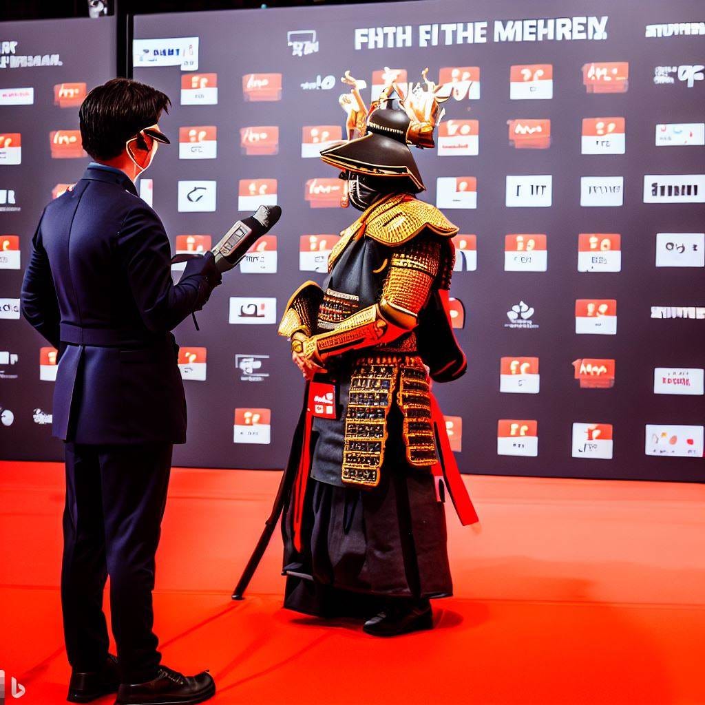 a samurai being interviewed on the red carpet 