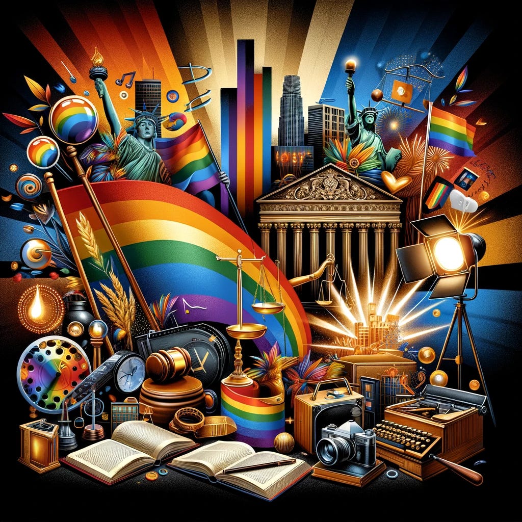 A compelling and visually striking collage to represent the major themes of the 2023 LGBTQ+ newsletter. This design should capture the essence of the year's LGBTQ+ developments in a vibrant and impactful way. Include symbolic elements like a rainbow flag waving triumphantly, a justice scale or gavel to represent legal battles, a shining corporate skyscraper for business achievements, and dynamic images of cultural elements like a film camera, a book, and a stage spotlight. The composition should be bold and colorful, capturing the spirit of resilience, progress, and diversity within the LGBTQ+ community. Size: 1024x1024.