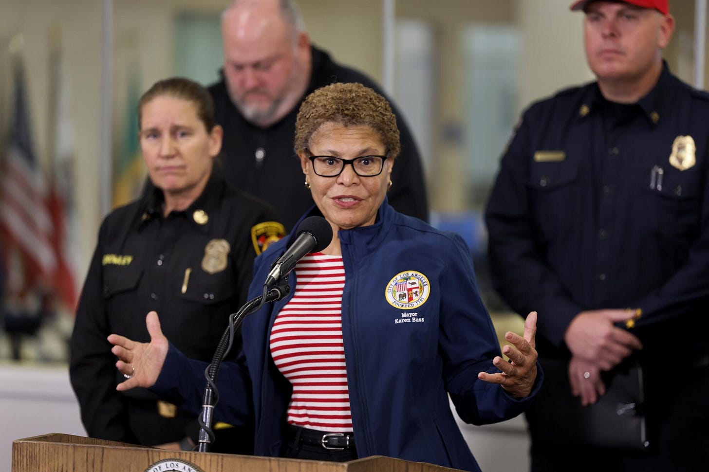Mayor Karen Bass at a news conference Saturday with Fire Chief Kristin Crowley. Mayor Karen Bass at a news conference Saturday with Fire Chief Kristin Crowley.